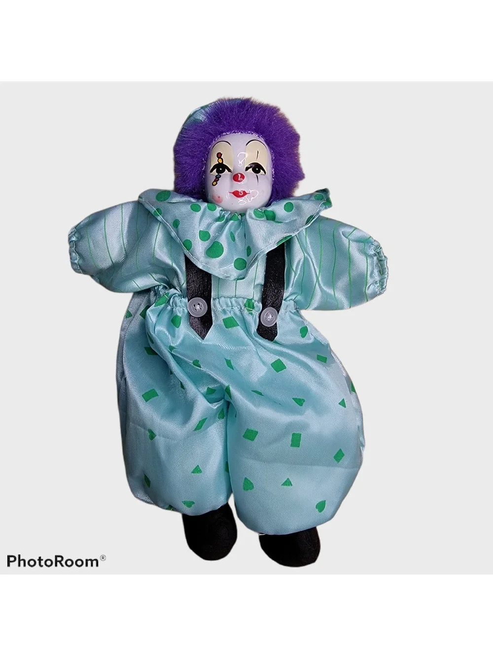 Vintage Porcelain Clown Doll with Purple Hair and Polka Dot Outfit